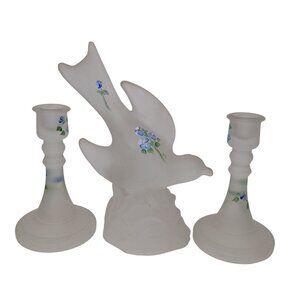 Frosted Glass Bird in Flight & Candle Holder Set  Hand-Painted Floral Details #L